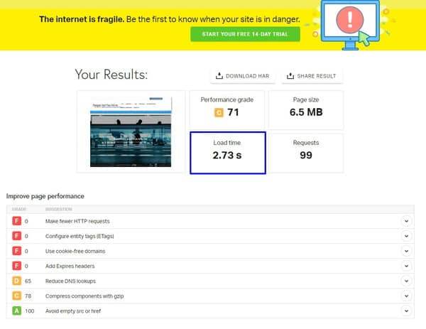 Before-optimization WordPress performance speed service to speed up your website load time